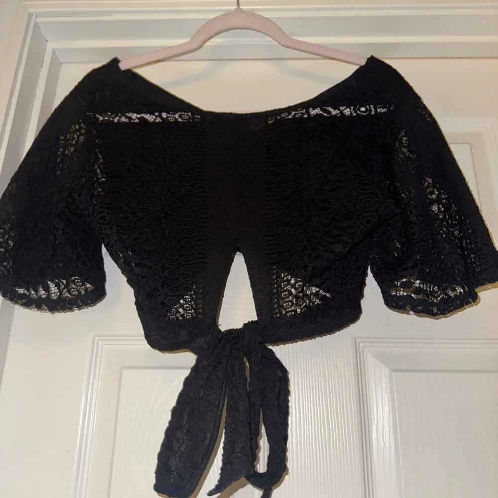 Express Black Lace Crop Top with Tie-Back